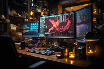 A macro photograph of a trader's desktop, featuring multiple computer screens with intricate stock market charts and graphs. - obrazy, fototapety, plakaty