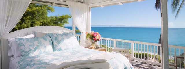 Sheer white curtains fluttering in the gentle ocean breeze over a comfy king size bed with a view of the sparkling blue ocean.