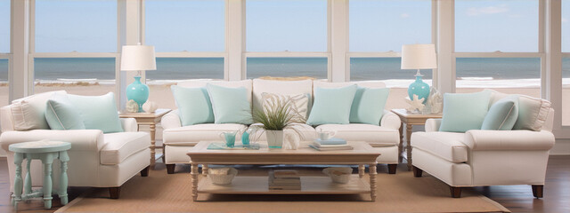 **Beachfront living room with white furniture and blue accents**