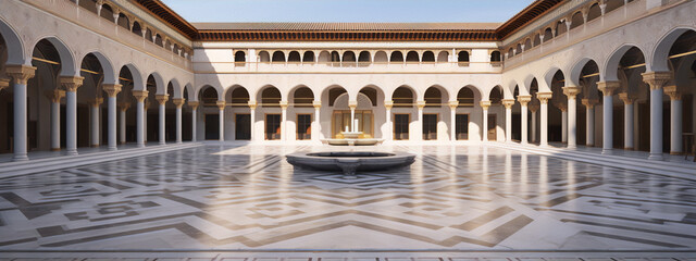 Fototapeta premium arabic courtyard with fountain, traditional islamic architecture, 3d render