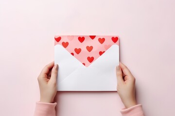 Hands presenting a white envelope adorned with a heart pattern. Hands Holding a Valentine Envelope with Heart Patterns