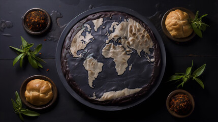 A world map made of puff pastry on a black background with some spices and herbs.