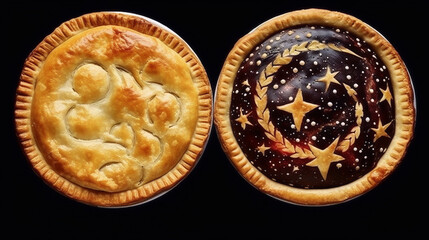 Fototapeta na wymiar Two pies with golden crust, one with stars and the other with a lattice top.