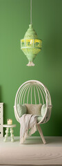 3d rendering of a cozy bohemian style interior with a white wicker hanging chair and green walls.
