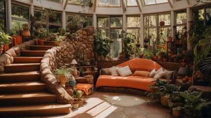 Earthen sunroom with comfy orange couch and lots of plants