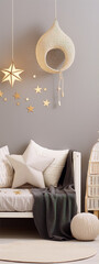 3D rendering of a cozy minimalist child room interior with stars and a bed