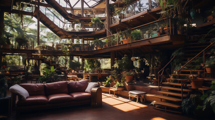 Digital art of a modern treehouse interior with a living room, plants, and wooden furniture.