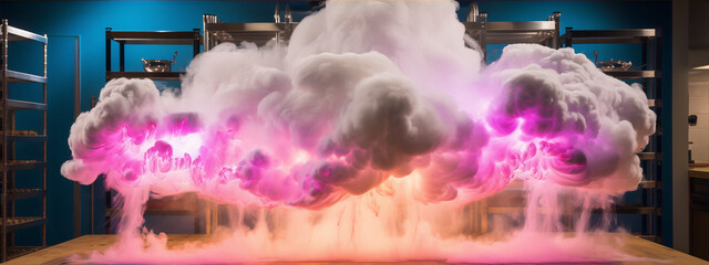Pink and white explosion of smoke and light in a blue room.