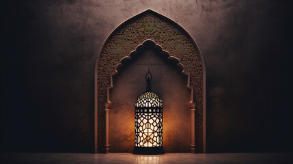 Ramadan Kareem greeting card with glowing lantern and ornamental background