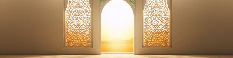 arabic geometric pattern islamic architecture sunrise 3d illustration - obrazy, fototapety, plakaty