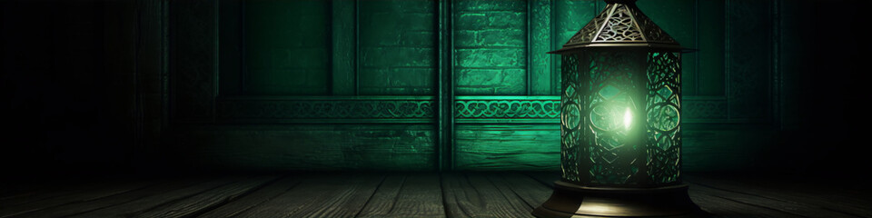 Mystical glowing green lantern in a dark room with wooden walls.