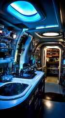 Blue and white spaceship interior galley kitchen with a retro-futuristic design.