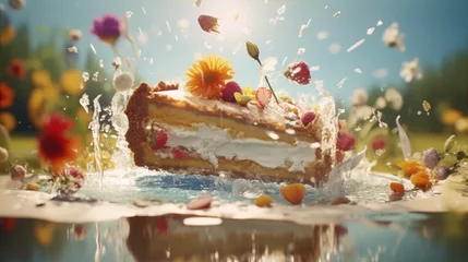 Fotobehang Close-up of a cake falling into water with flowers and fruit in the background. © amsassia