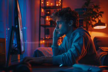 Handsome Young Man Using Desktop Computer to Check Social Media Accounts