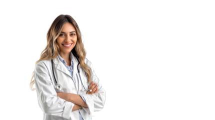 Portrait of an attractive young female doctor in white coat. PNG file of isolated cutout object on transparent background.