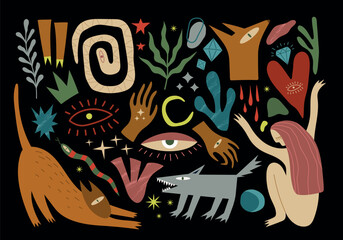 Big esoteric set. Hands, woman, animals, plants, abstract elements on a black background. Vector illustration