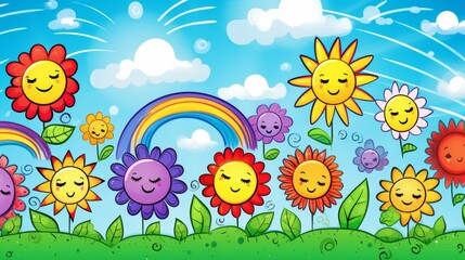 Fototapeta na wymiar Summer doodle sketch wallpaper with sun, rainbow, and flowers for a vibrant background