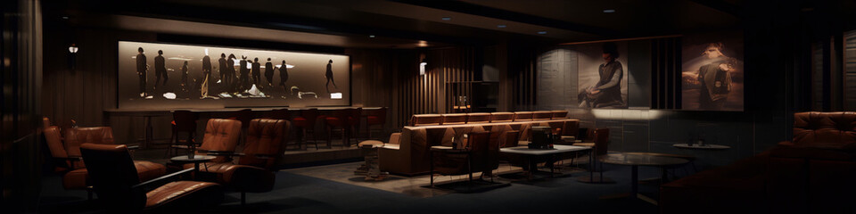 3d rendering of a luxury home theater with brown leather chairs and blue and gray walls