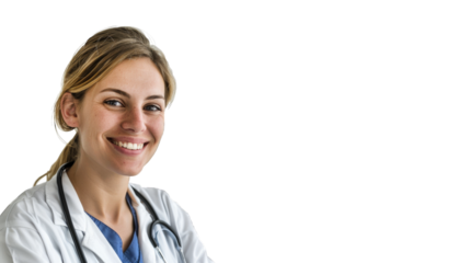 Portrait of an attractive young female doctor in white coat. PNG file of isolated cutout object on transparent background.