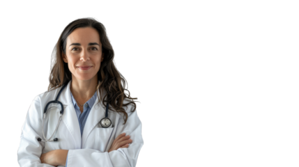 Portrait of an attractive young female doctor in white coat. PNG file of isolated cutout object on transparent background.