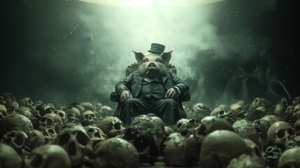 a fat pig in a top hat sits on a mountain of skulls capitalism .Generative AI - obrazy, fototapety, plakaty
