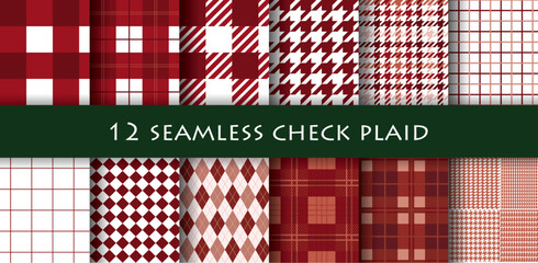 １２種類のチェック模様のパターン見本のベクターコレクション 赤色のセット