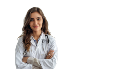 Portrait of an attractive young female doctor in white coat. PNG file of isolated cutout object on transparent background.