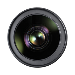 Detailed close-up view of a camera lens with visible reflections on the glass elements isolated....