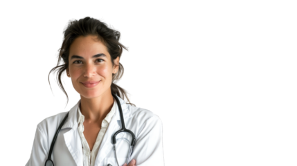 Portrait of an attractive young female doctor in white coat. PNG file of isolated cutout object on transparent background.