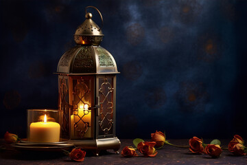 A glowing lantern and candle with a dark blue background and red roses.
