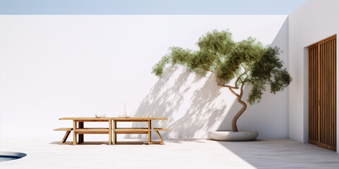 Minimalist 3D rendering of a patio with a tree, table and bench in a bright color palette - obrazy, fototapety, plakaty