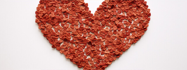 Red felt hearts arranged in a heart shape on white background.