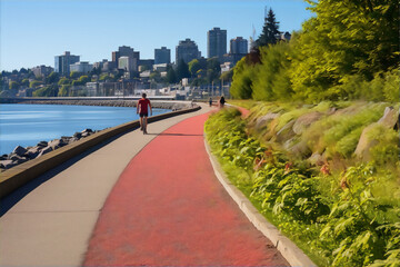 Cityscape with a red running path along the waterfront - obrazy, fototapety, plakaty
