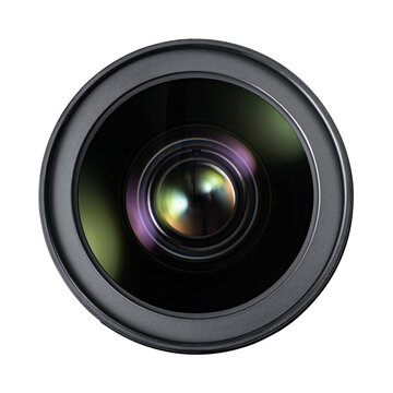 Detailed close-up view of a camera lens with visible reflections on the glass elements isolated. Transparent PNG image.