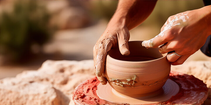 The image is of a potter's hands shaping a clay bowl on a pottery wheel outdoors.