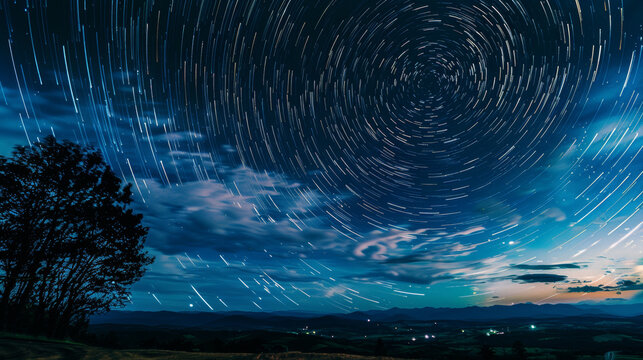 Enchanting Star Trails Over Serene Twilight Landscape