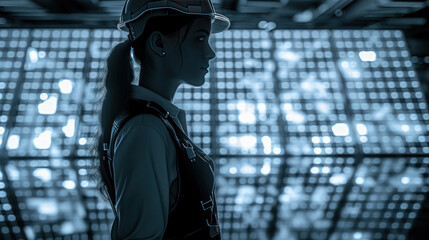 Woman in Hard Hat Standing in Front of Wall of Lights