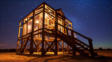 Wooden structure with glass walls in the middle of the desert at night with a starry sky - obrazy, fototapety, plakaty