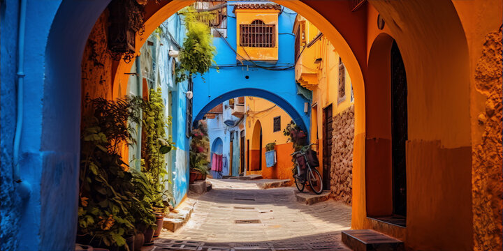 Colorful alley with blue and orange buildings in the medina of Chefchaouen, Morocco