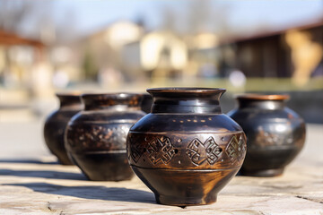 Earthenware pots with carved geometric shapes