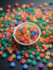 Naturefriendly Biodegradable Plastic Granules Different Colors On Table, Recycling Concept