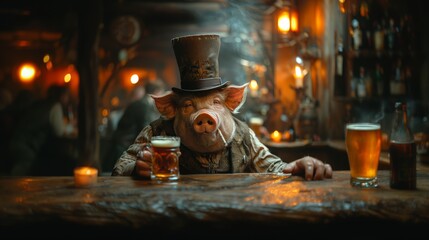 fat pig sitting in a bar with a glass of beer .Generative AI - obrazy, fototapety, plakaty