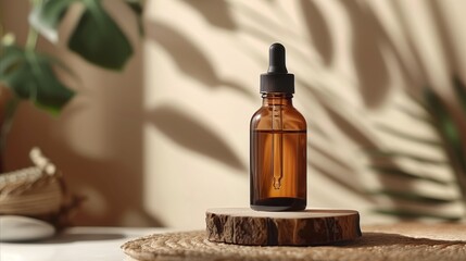 Brown dropper bottle with pipette on wooden stand