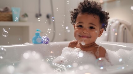 Cheerful toddler enjoying a bubble bath with floating soap bubbles