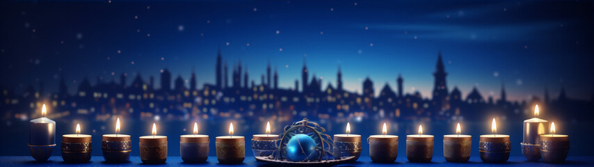 Cityscape with Menorah at night in blue and gold colors, 3d illustration