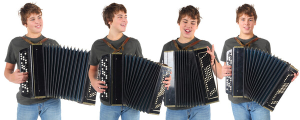 Collage with four boys playing accordion isolated on white background (one model)