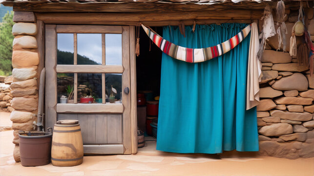 Rustic wooden house with blue curtain entrance