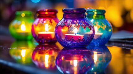 Still life of colorful glass candle holders with burning candles reflecting on a glossy surface.