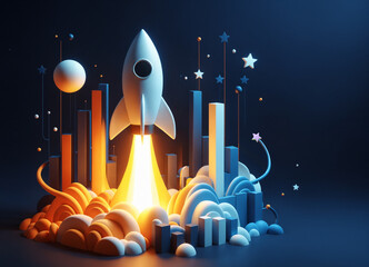 Rocket take off with flame, minimalist cartoon 3D style illustration - 762322518