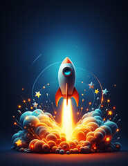 Rocket take off with flame, minimalist cartoon 3D style illustration - 762322523